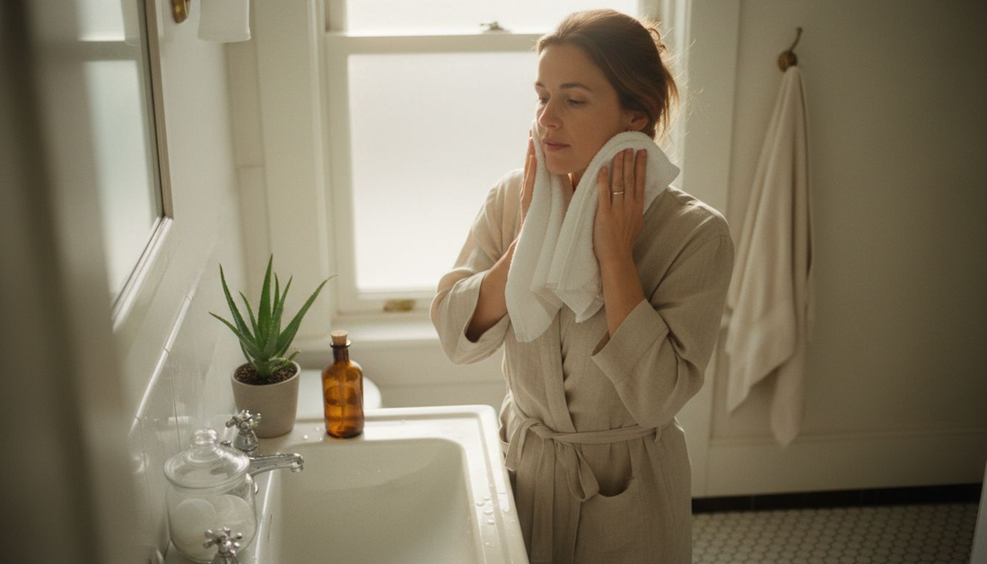 Woman practicing natural skincare at vintage sink