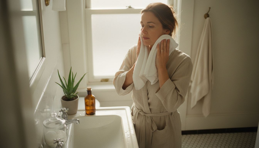 Woman practicing natural skincare at vintage sink