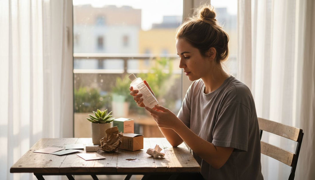 Woman examining ethical beauty product packaging