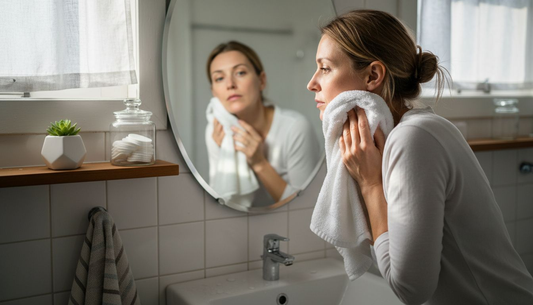 Woman checking skin in morning bathroom light