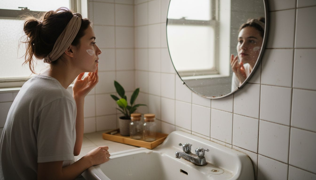 Woman applying non-toxic skincare in bright bathroom